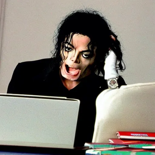 Prompt: michael jackson in his daytrading job stressed anxiety horror