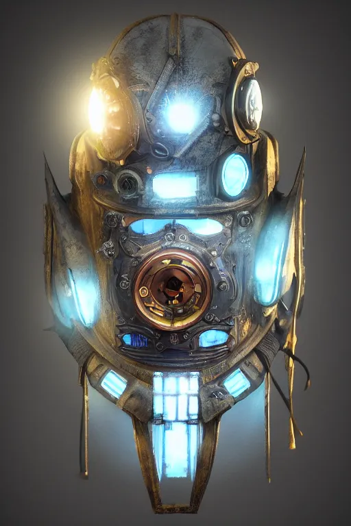 Image similar to steampunk mask minimalist fantasy art robot ninja helmet, global illumination ray tracing hdr fanart arstation by sung choi and eric pfeiffer and gabriel garza and casper konefal radiating a glowing aura