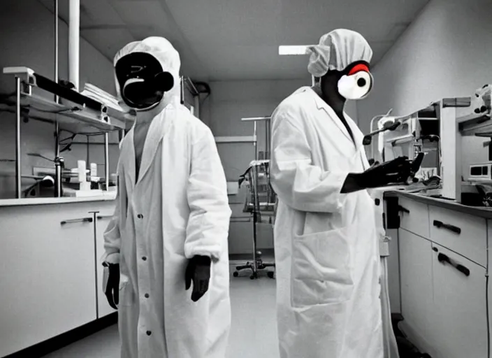 Prompt: realistic photo of the person wearing a detailed wooden bird mask white robe in a laboratory 1 9 9 0, life magazine reportage photo