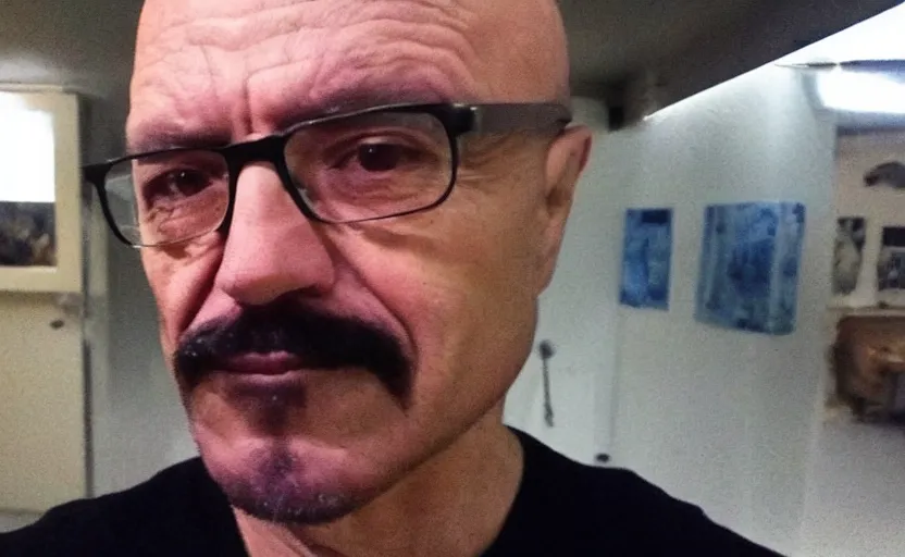 Image similar to my uncle that look like walter white if he was turkish accidentally taking a selfie, front camera, camera flash is so bright in his face, viral, selfie, viral on twitter, viral on instagram, viral photo