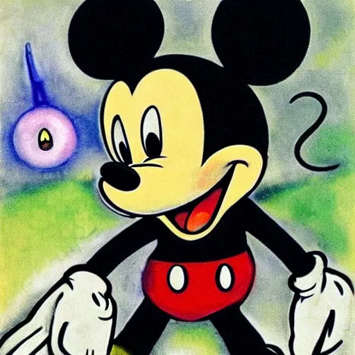 Prompt: Mickey mouse as a dark souls boss by Marc Chagall