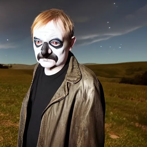 Image similar to mark e smith in juggalo makeup, gorgeous landscape background with the milky way in the sky