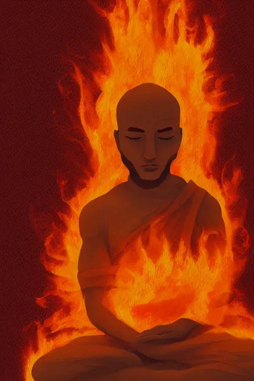 Image similar to A profile of a single monk meditating in flames by Afshar Petros, Trending on artstation.