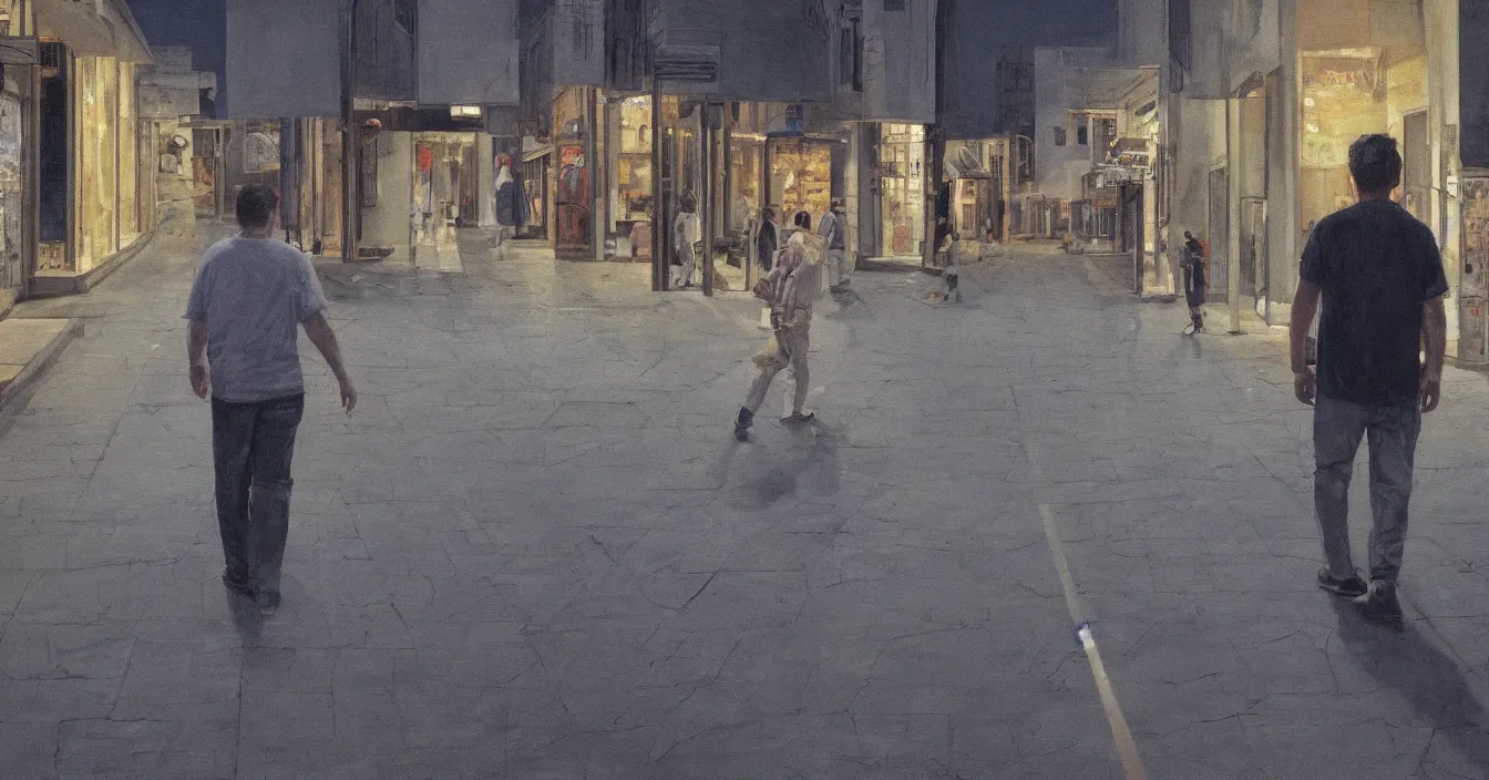 Prompt: todd solondz, high quality high detail painting of todd solondz walking with a friend in an empty tel aviv street, face of todd solondz, night, by lucian freud and gregory crewdson, hd, photorealistic lighting