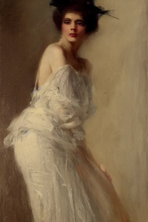 Image similar to Solomon Joseph Solomon and Richard Schmid and Jeremy Lipking victorian genre painting full length portrait painting of a young beautiful woman victorian rich dancer