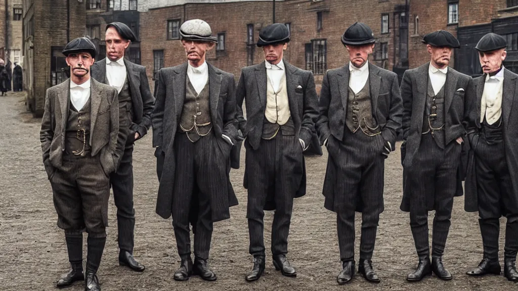Prompt: a group of human shrimps dressed like the peaky blinders