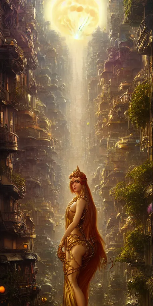 Image similar to golden ornate goddess looking at a hyper realistic cyberpunk city, busy crowded market street overtaken by lush plants, full moon, light rays, gnarly trees by tom bagshaw, mucha, gaston bussiere, craig mullins, j. c. leyendecker 8 k