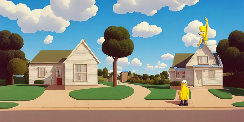 Image similar to homer simpson andthe simpsons house clouds, blue sky, summer evening, kenton nelson