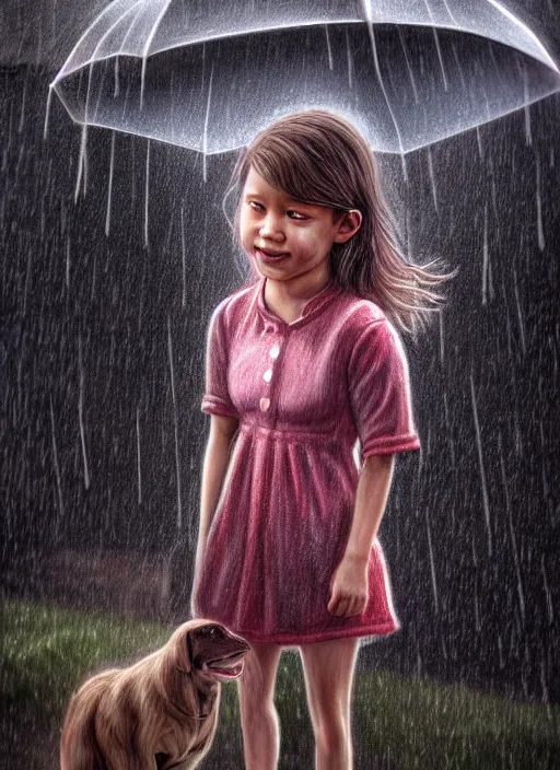 Image similar to a little girl stands outside in glee while it is literally raining cats and dogs, diffuse lighting, detailed face, fantasy, intricate, surrealism!!!!, highly detailed, lifelike, photorealistic, digital painting, artstation, illustration, concept art, smooth, sharp focus,