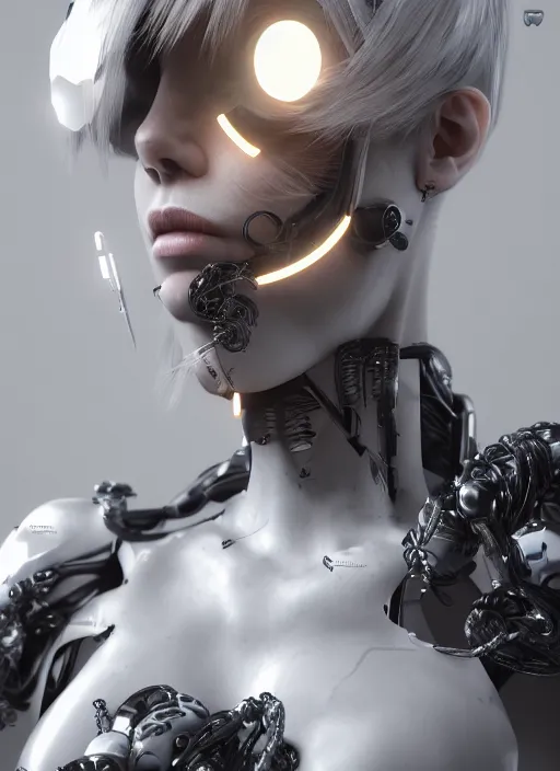 Image similar to white cyborg fashion shot, cyber copper wires and spirals hairdo, baroque design, headshot half figure, photorealistic, unreal engine, trending on artstation,