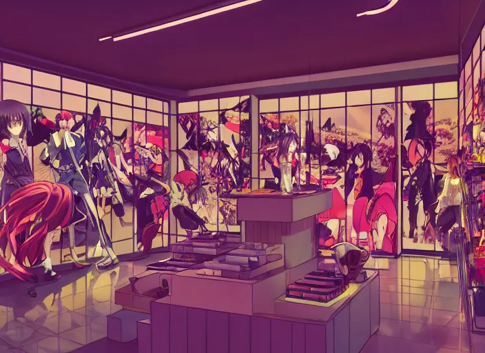 Prompt: lomography, anime background, a detailed nike shop interior, glowing, haruhiko mikimoto, hisashi eguchi, lodoss, architectural perspective, dramatic lighting, displays with detailed shoes and clothes, sharpened image, yoshinari yoh