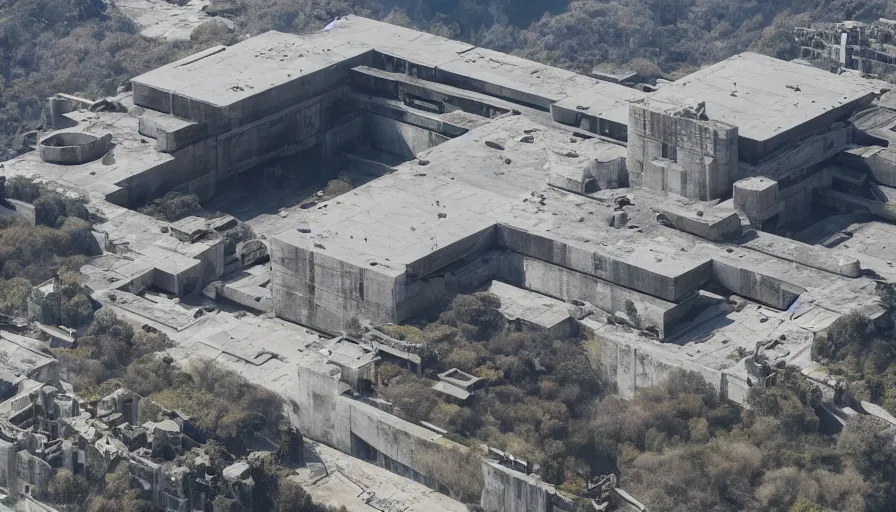 Image similar to big brutalist imperial military base on cliffs, drawing architecture, very long shot, top angle, imperial architecture in rogue one, pritzker architecture prize, brutalism architecture, jan urschel, roger deakins