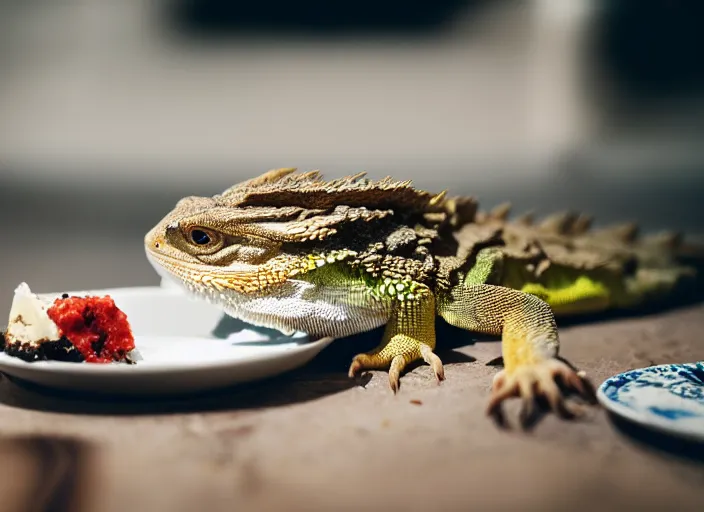 Image similar to dslr portrait still of a bearded dragon eating a slice of cheesecake, 8 k 8 5 mm f 1. 4