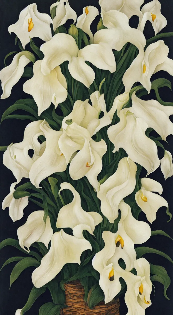 Image similar to portrait of a cream colored havanese dog with a bouquet of calla lillies, mexico, painting by diego rivera realism 1 9 3 5