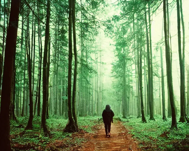 Image similar to a person walking through a forest with tall trees, a photo by kazys varnelis, trending on flickr, naturalism, photo taken with provia, photo taken with ektachrome, photo taken with fujifilm superia