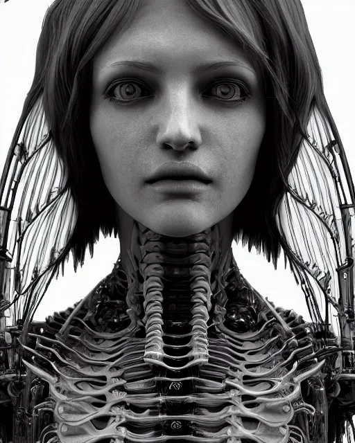 Image similar to mythical dreamy black and white organic translucent bio-mechanical spinal ribbed profile face portrait detail of mechanical beautiful female angelic-vegetal-cyborg, highly detailed, intricate steampunk ornate, poetic, 3D render, digital art, octane render, 8K artistic photography, photo-realistic, by Dora Maar