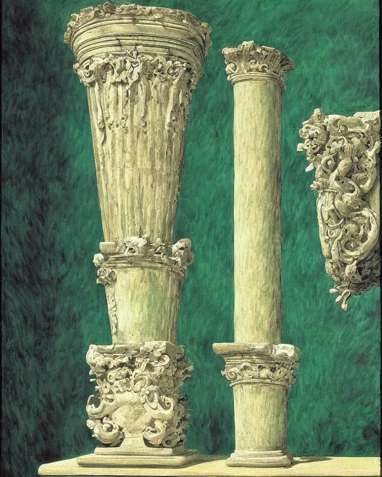 Image similar to achingly beautiful painting of intricate ancient roman corinthian capital on jade background by rene magritte, monet, and turner. giovanni battista piranesi.