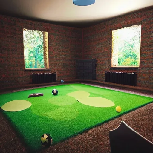 Prompt: nostalgic room with sky on walls and fake grass