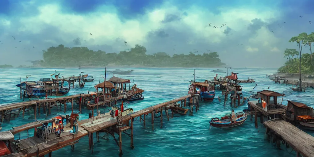 Image similar to pulau indah jetty fishing town in the morning, detailed matte painting, studio ghibli, artstation