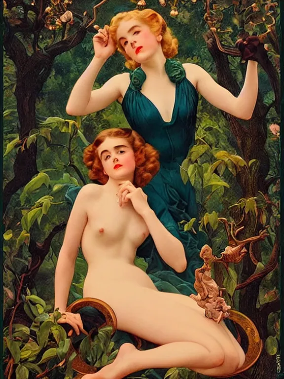 Prompt: Kiernan shipka as the three graces, a beautiful art nouveau portrait by Gil Elvgren and Gerald Brom and Alberto Vargas and Bill Henson, Moonlit forest environment, centered composition, defined features, golden ratio, golden jewelry