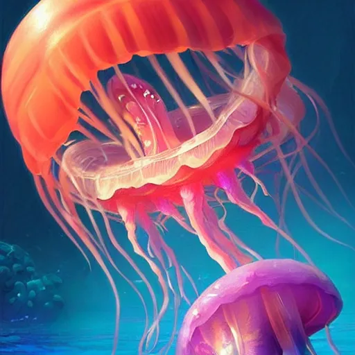 Image similar to jellyfish in a bright ocean, deep focus, fantasy, intricate, elegant, highly detailed, digital painting, artstation, concept art, matte, sharp focus, illustration, hearthstone, art by rhads and artgerm and greg rutkowski and alphonse mucha and gediminas pranckevicius