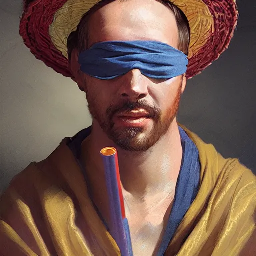 Image similar to portrait of a blindfolded man in baggy multicolored robes and a large straw hat, detailed face, highly detailed, cinematic lighting, digital art painting by greg rutkowski