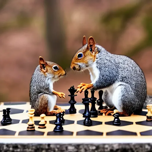 Prompt: squirrels playing chess on a stone table, a crowd watching on