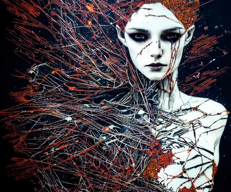 Image similar to stunning otherworldly gothic goddess of ice fire, dark and mysterious, atmospheric, ominous, eerie, cinematic, epic, 8 k, 4 k, ultra detail, ultra realistic, rendered by awesomeness. nights falling wind is blowwing snow is pilling concept art in style of carne griffiths artwork by xsullo el anatsui