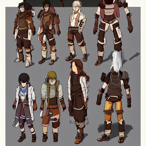 Prompt: character sheet of a group of nomads that live on an uninhabitable earth in an anime style