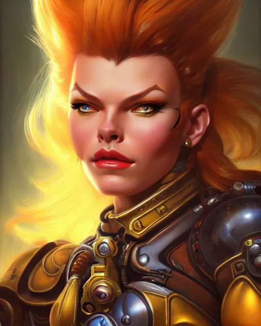 Image similar to brigitte from overwatch, fantasy, fantasy art, character portrait, portrait, close up, highly detailed, intricate detail, amazing detail, sharp focus, vintage fantasy art, vintage sci - fi art, radiant light, caustics, by boris vallejo