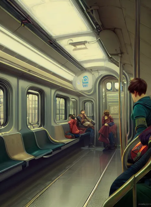 Image similar to perfectly - empty subway train interior, intricate, highly detailed, digital painting, artstation, concept art, smooth, sharp focus, illustration, unreal engine 5, 8 k, art by artgerm and greg rutkowski and alphonse mucha