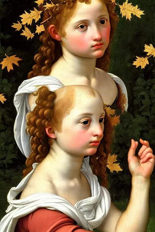 Image similar to renaissance painting of young girl in the garden, closeup, curly long hair, face closeup, emotions closeup, dressed in roman armour, the beautiful garden with maple leaves everywhere, ultra detailed, art by guido reni style, vincenzo catena style