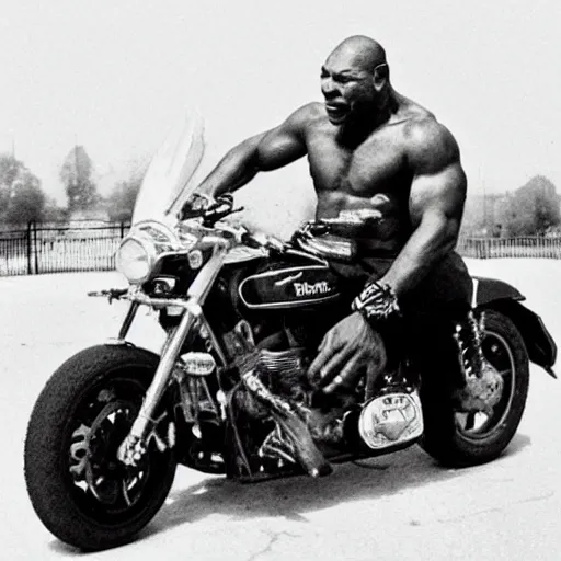 Prompt: mike tyson riding a motorcycle, explosion in the background