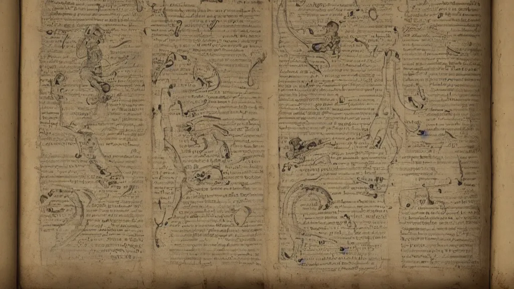 Prompt: 17th century scroll with illustrations of a human bone, descriptions written in an alien language, clean layout on the page