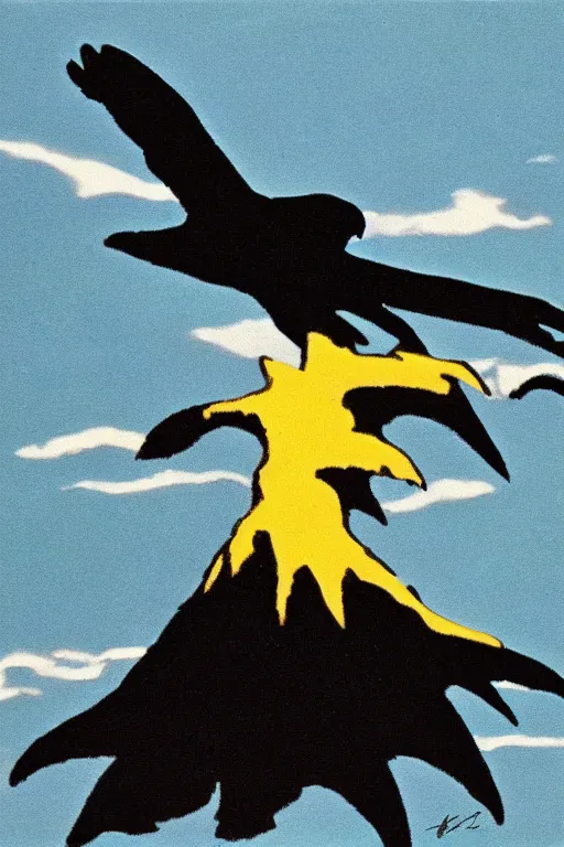 Image similar to silhouette of an eagles talon against the backdrop of the sky and ocean, mid century art