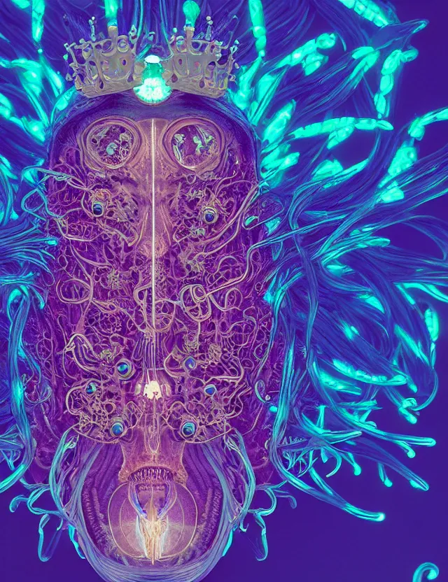 Image similar to symmetrical, centered, goddess close-up portrait wigh crown made of skulls. phoenix betta fish, phoenix, bioluminiscent creature, super intricate ornaments artwork by Tooth Wu and wlop and beeple and Dan Flavin and Daniel Buren and greg rutkowski