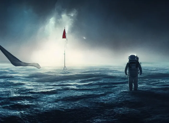 Image similar to astronaut holding a flag in an underwater desert. a submarine is visible in the distance. dark, concept art, cinematic, dramatic, atmospheric, 8 k, trending on artstation, blue, fish, low visibility, fog, ocean floor, christopher nolan, interstellar