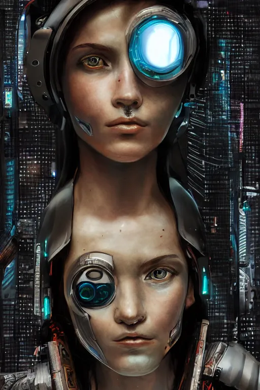 Image similar to a close - up portrait of a cyberpunk cyborg girl, by raphael, rule of thirds