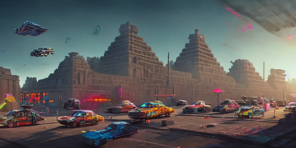 Image similar to hyperrealistic matte painting of aztec temples in a future environment with flying cars, mechanical features and neon, graffiti, scaffolding, smog, destruction by filip hodas, beeple, 4 k, trending on cgsociety