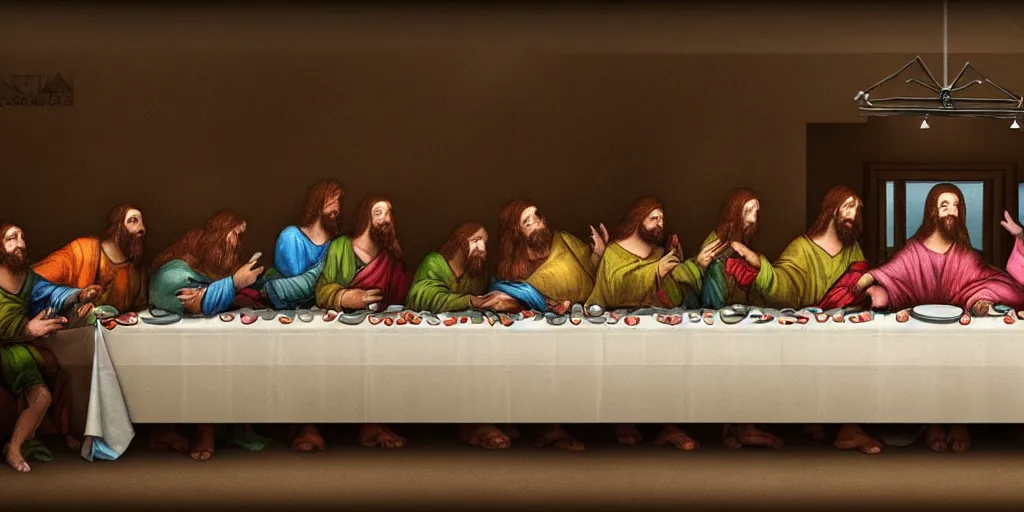 Image similar to last supper realistic robot , A Monster Emerges - trending on art station , depth of field