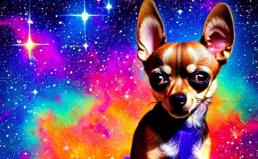 Prompt: Cosmic Chihuahua, colossal cute dog swimming the colorful nebulae, canine galaxy, dog star.