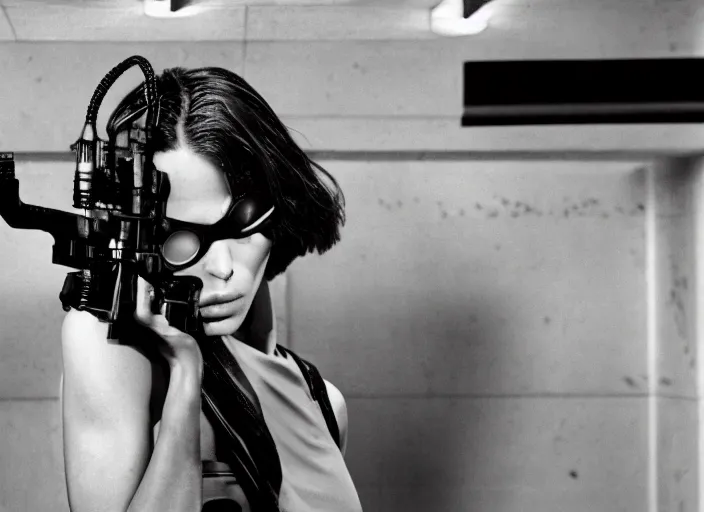 Prompt: close - up portrait of cyberpunk cyborg girl with a gun for an arm, in a futuristic subway, richard avedon, tri - x pan