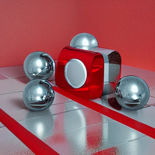 Prompt: chrome spheres on a red cube by stanley kubrick