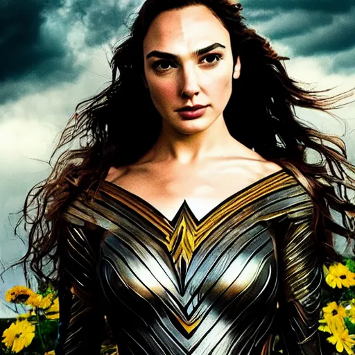 Prompt: fine art, long shot photo of the beauty goddess gal gadot, she has a crown of mesmerizing flowers, she is arriving heaven, background full of stormy clouds, by hr giger