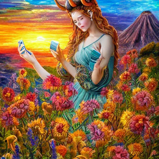 Image similar to horned ram goddess, checking her cell phone, erupting volcano in distance, sunset, flowers in foreground, zodiac, fantasy acrylic on canvas, intricately detailed, highly detailed, high resolution, hdr, 8 k, artist, trending on artstation, painting by senior concept artist josephine wall