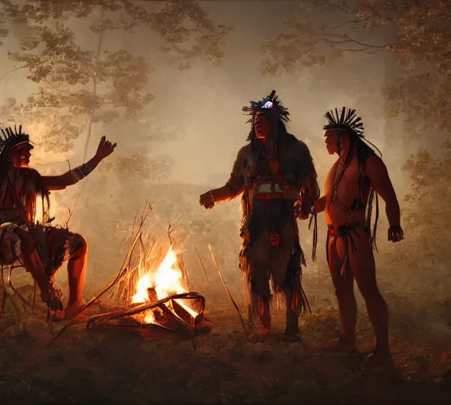 Image similar to a cybernetic man from the future is shaking hands with a native american man in traditional headress, lighting from a campfire in, mutual respect, by greg rutkowski, by ilya repin, extreme detail, 8 k, wide shot