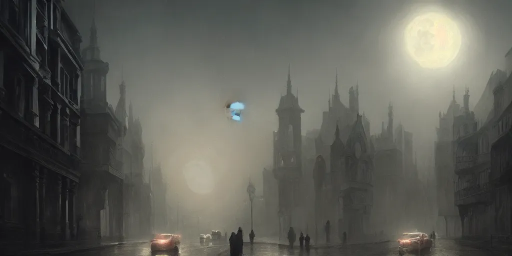 Prompt: A hyper realistic oil painting of a moon hanging over a victorian age city, view from the streets, fog, creepy atmosphere, moody cinematic lighting, focus on the moon, hyper detailed, by greg rutkowski, trending on artstation