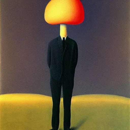 Image similar to surrealist painting of a man with a mushroom for a head, rene magritte