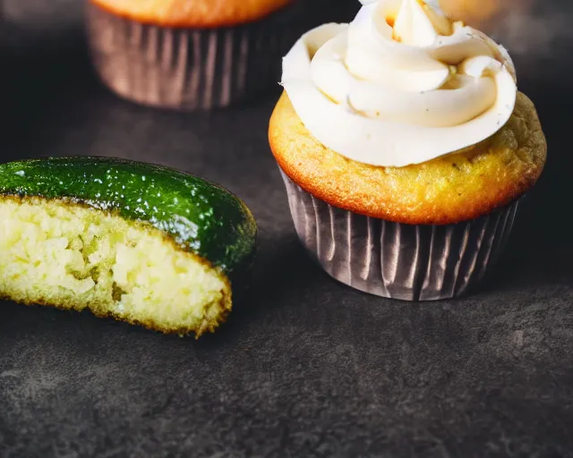 Image similar to dslr food photograph of a cupcake with a slice of pickle on top, 8 5 mm f 1. 4