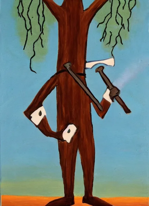 Image similar to painting of a tree person wearing a tuxedo holding two swords in his wooden hands